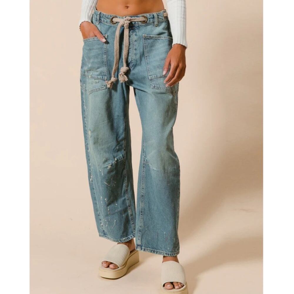 Bibi Braided Waist Belt Drip Painting Detail Washed Barrel Jeans Sz XL NEW NWT
